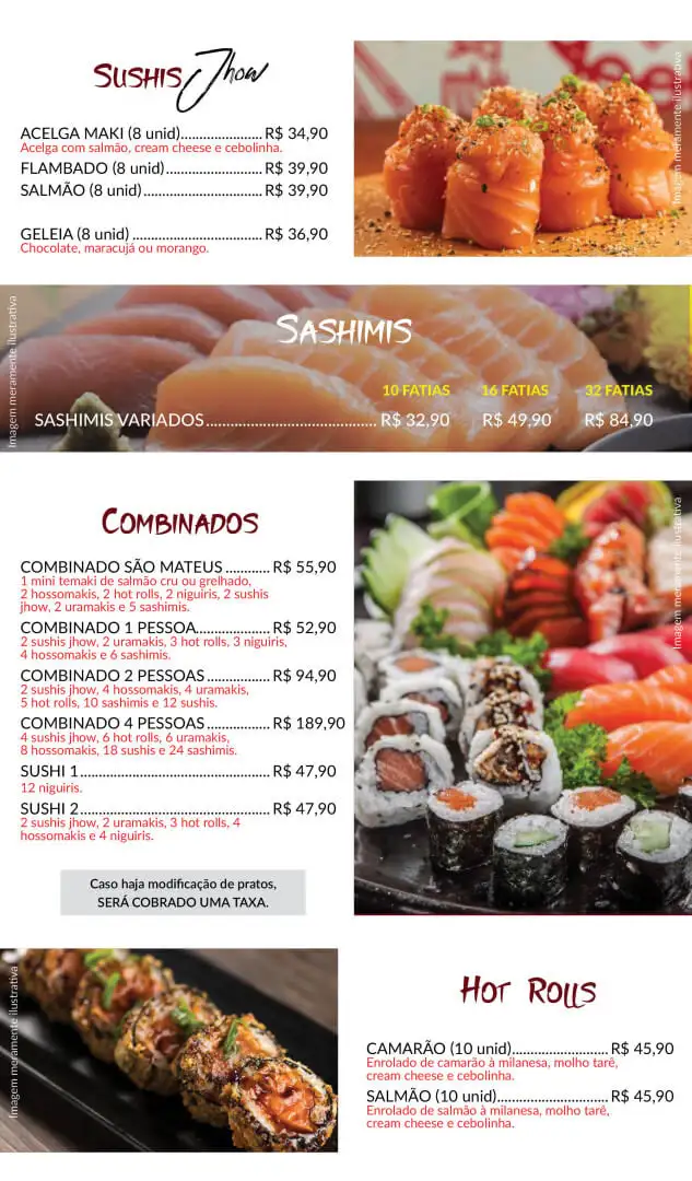 Cardápio, página 2 de 7: Sushis Jhow, Sashimis, Combinados e Hot Rolls, com preços