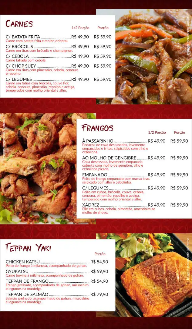 Cardápio, página 4 de 7: Carnes, Frangos e Teppan Yaki, com preços