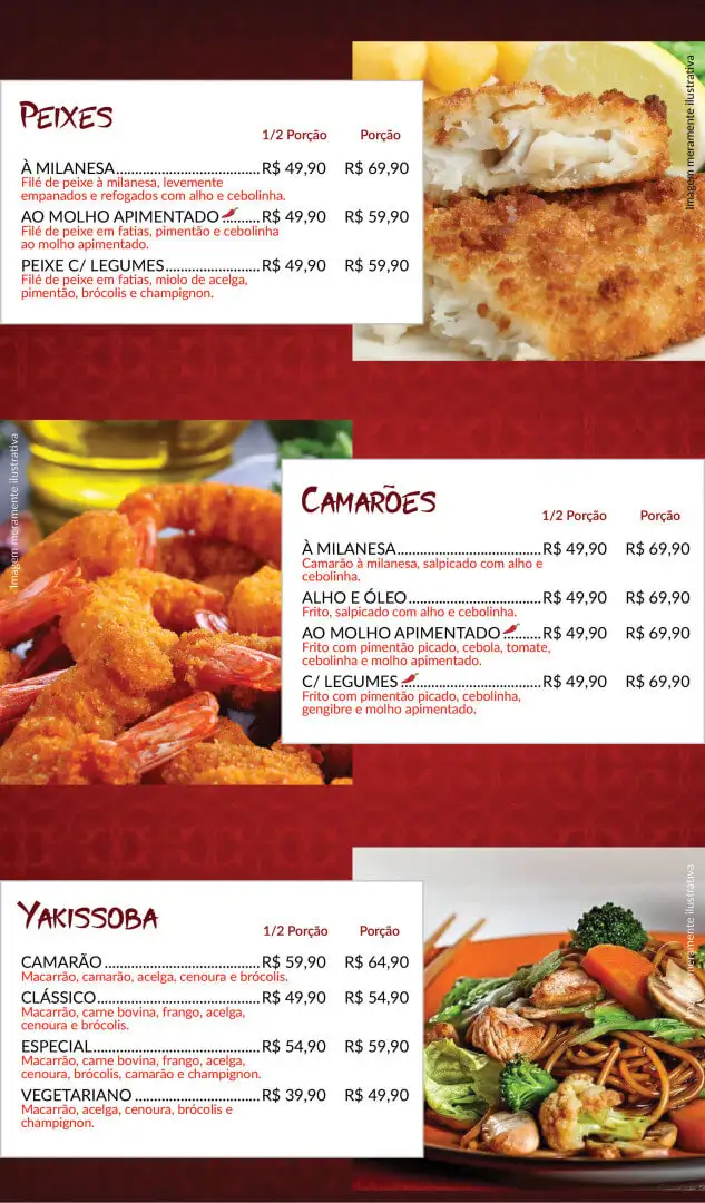 Cardápio, página 5 de 7: Peixes, Camarões e Yakissoba, com preços