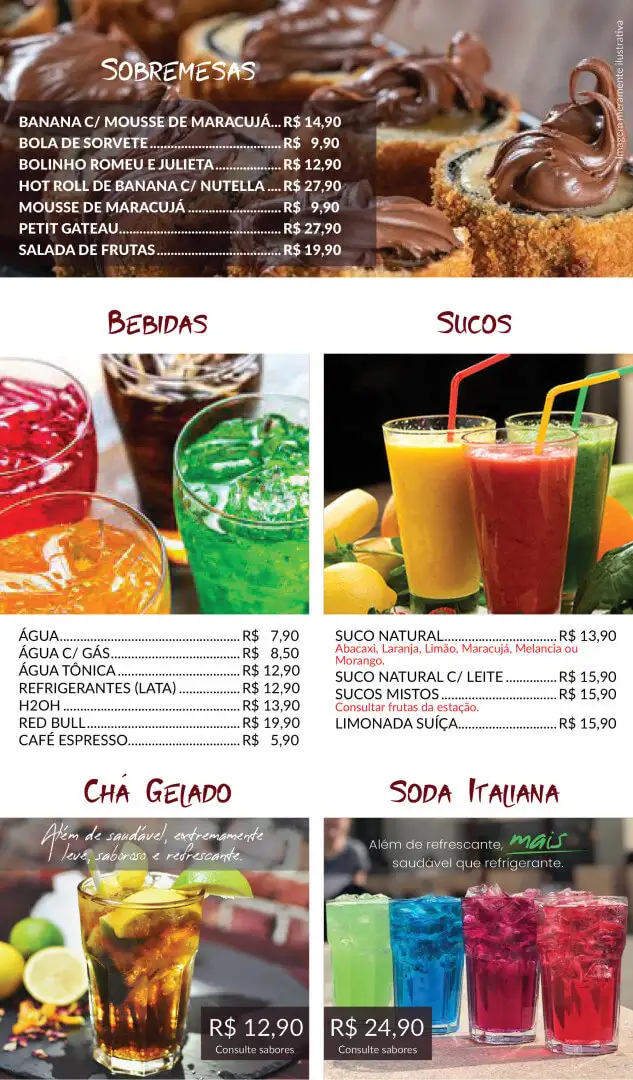 Cardápio, página 6 de 7: Sobremesas, Bebidas, Sucos, Chá Gelado e Soda Italiana, com preços