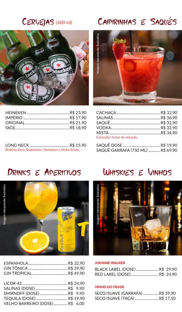 Cardápio, página 7 de 7: Cervejas, Caipirinhas e Saquês, Drinks e Aperitivos, Whiskies e Vinhos, com preços
